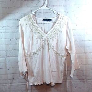 Mileage Boho Baby Doll  Cotton  Embroidery Crop  Top W/ Slit  Rag Sleeve 2XL